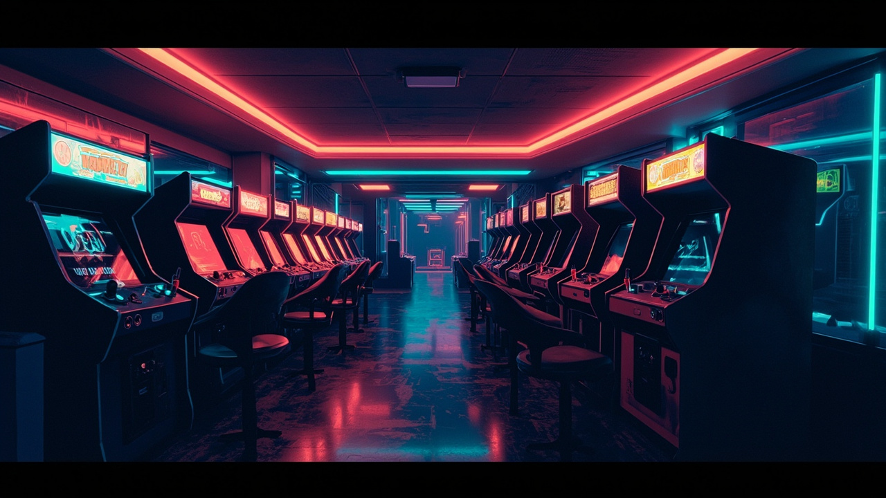 Illustration of a neon-lit retro arcade interior