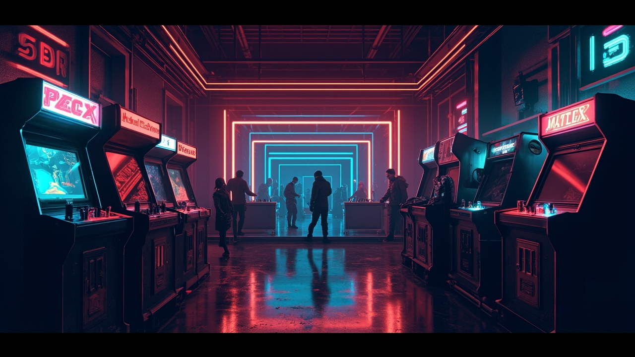 Illustration of a neon-lit retro arcade interior