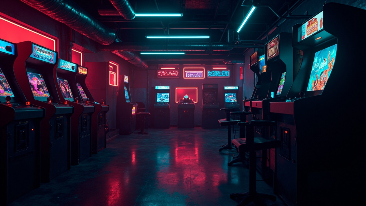 Illustration of a neon-lit retro arcade interior