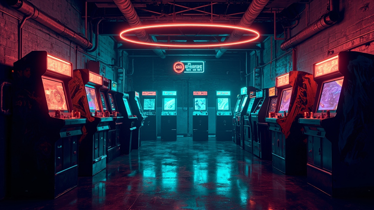 Illustration of a neon-lit retro arcade interior
