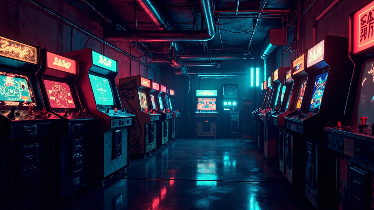 Illustration of a neon-lit retro arcade interior