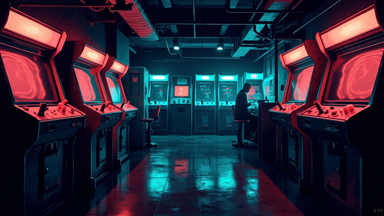 Illustration of a neon-lit retro arcade interior