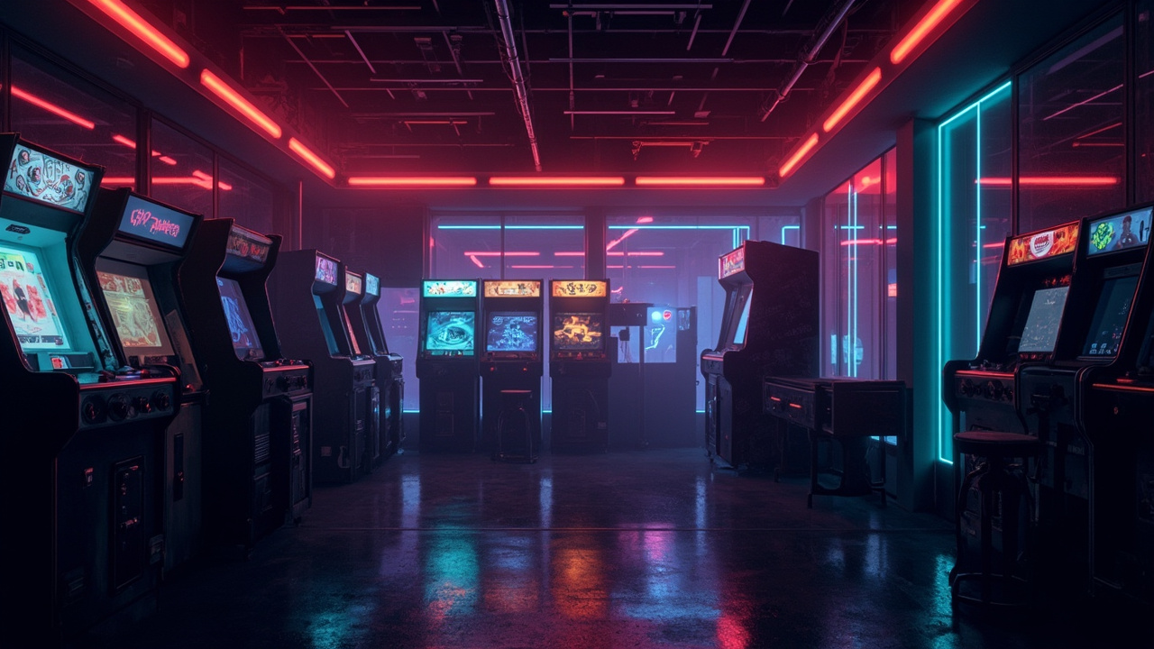 Illustration of a neon-lit retro arcade interior