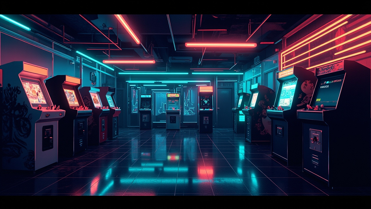 Illustration of a neon-lit retro arcade interior