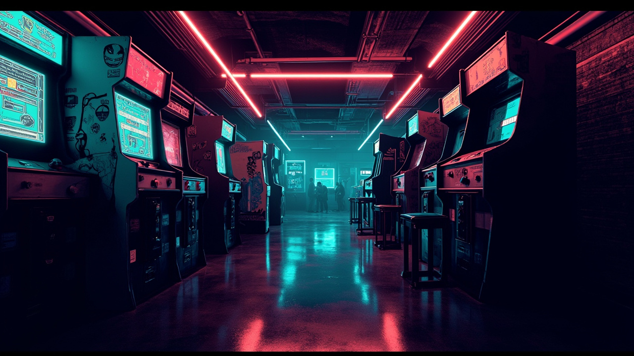 Illustration of a neon-lit retro arcade interior