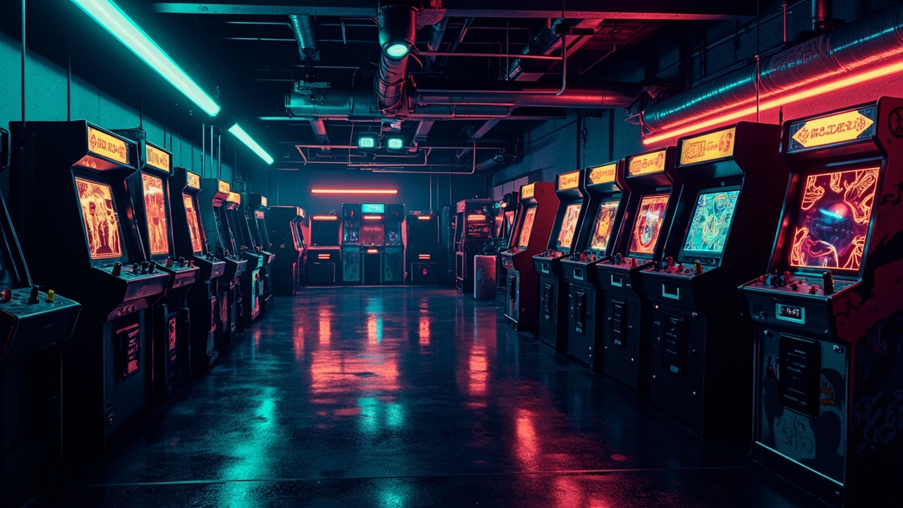Illustration of a neon-lit retro arcade interior