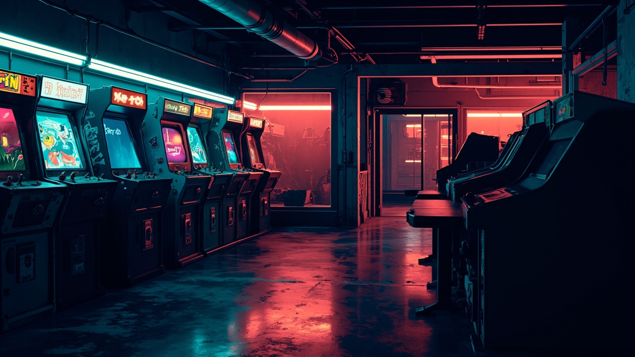 Illustration of a neon-lit retro arcade interior