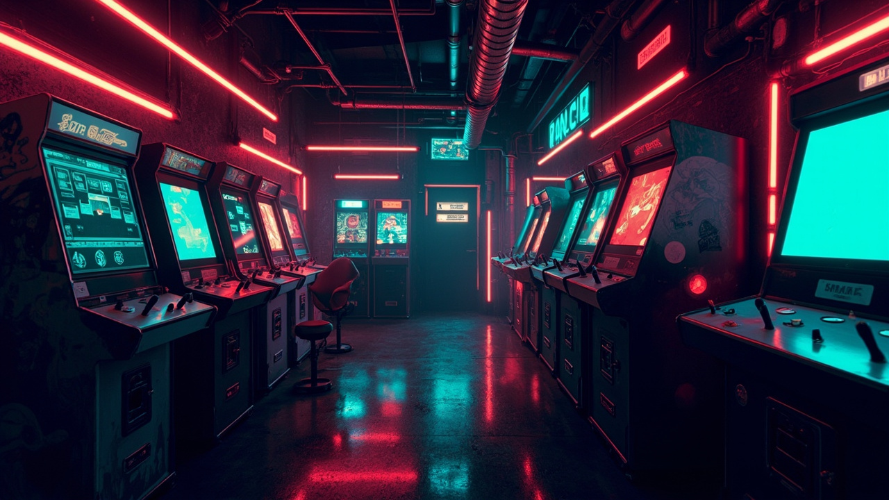 Illustration of a neon-lit retro arcade interior