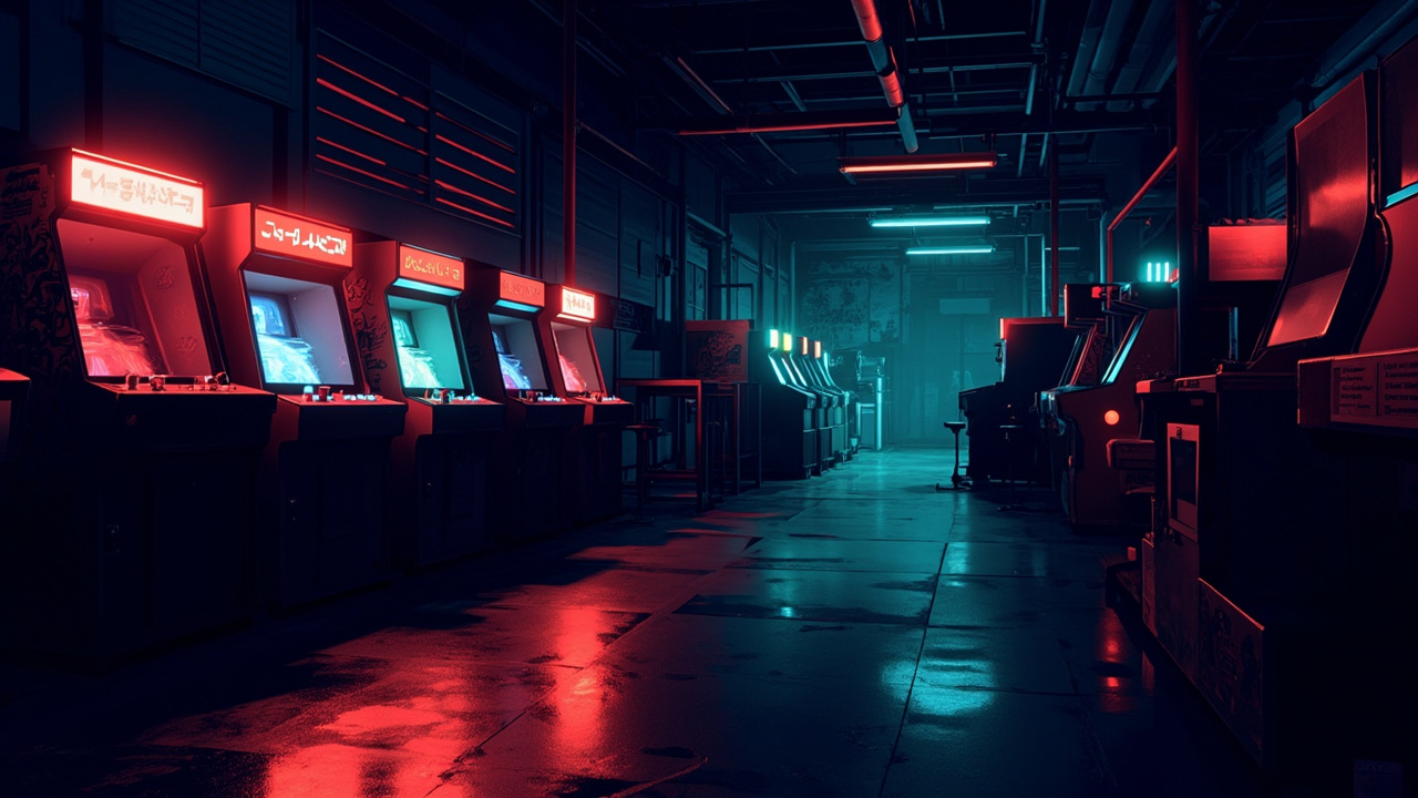 Illustration of a neon-lit retro arcade interior