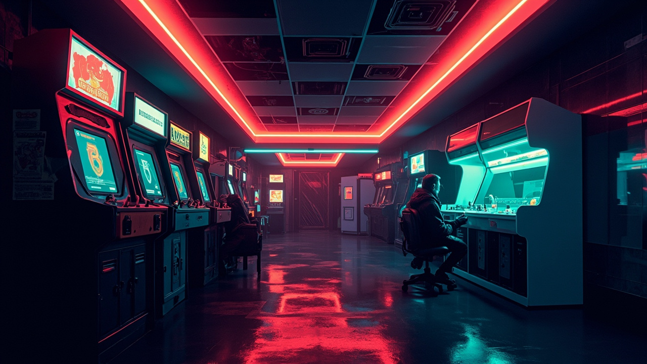 Illustration of a neon-lit retro arcade interior