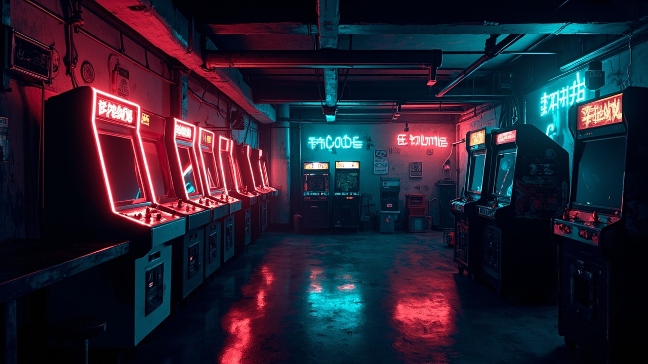 Illustration of a neon-lit retro arcade interior