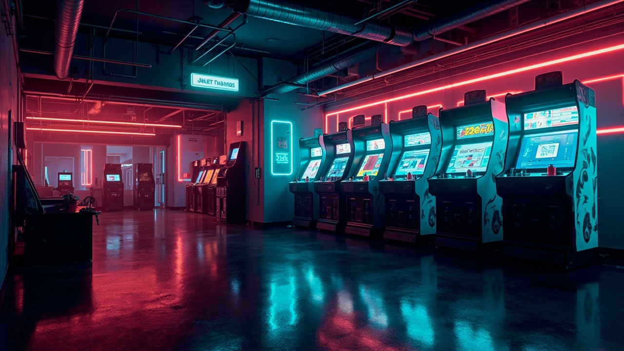 Illustration of a neon-lit retro arcade interior
