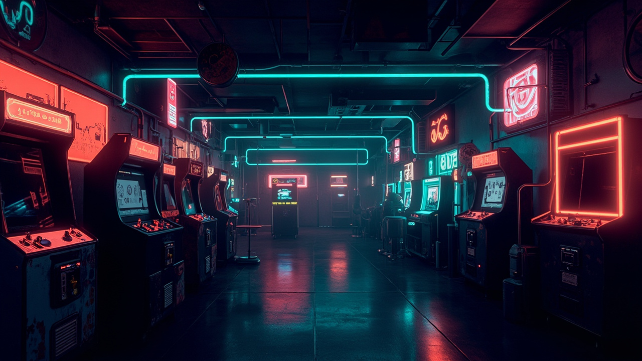 Illustration of a neon-lit retro arcade interior