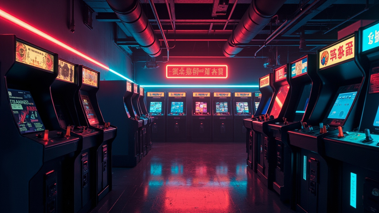 Illustration of a neon-lit retro arcade interior