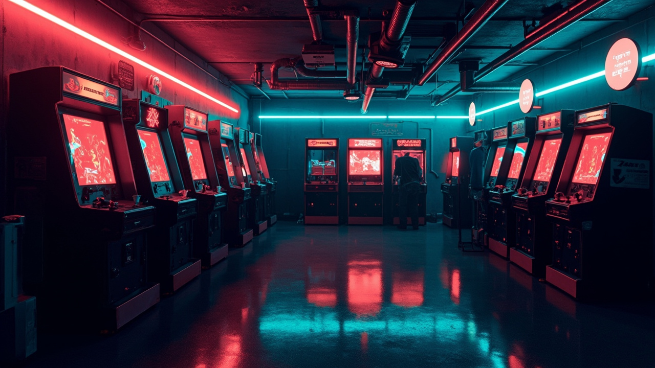 Illustration of a neon-lit retro arcade interior