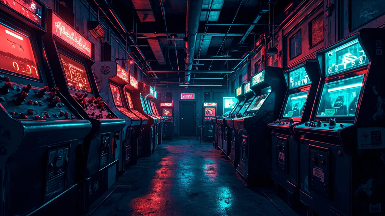 Illustration of a neon-lit retro arcade interior