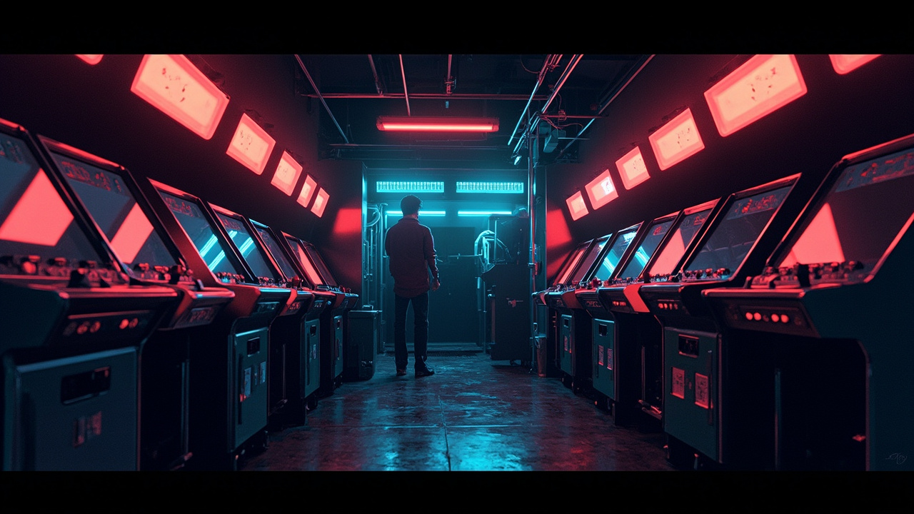 Illustration of a neon-lit retro arcade interior