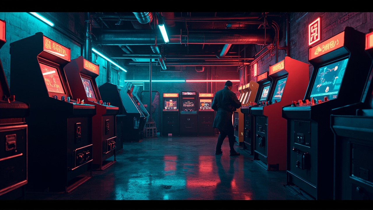 Illustration of a neon-lit retro arcade interior