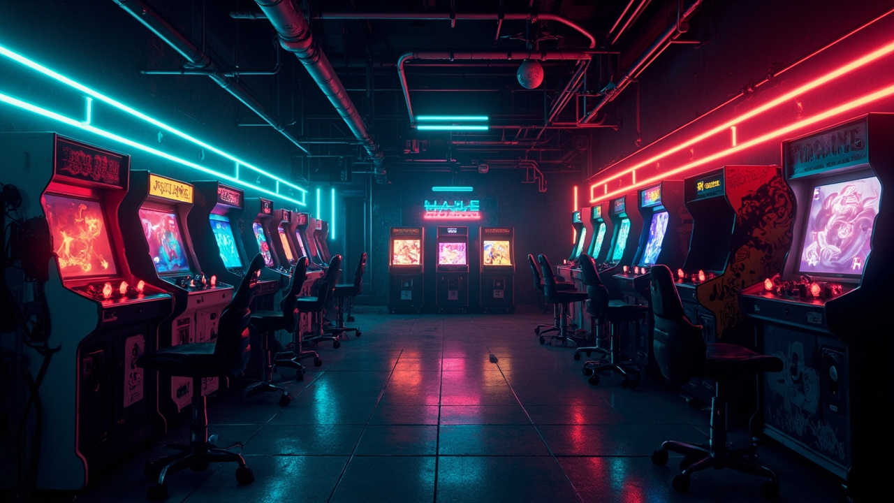 Illustration of a neon-lit retro arcade interior