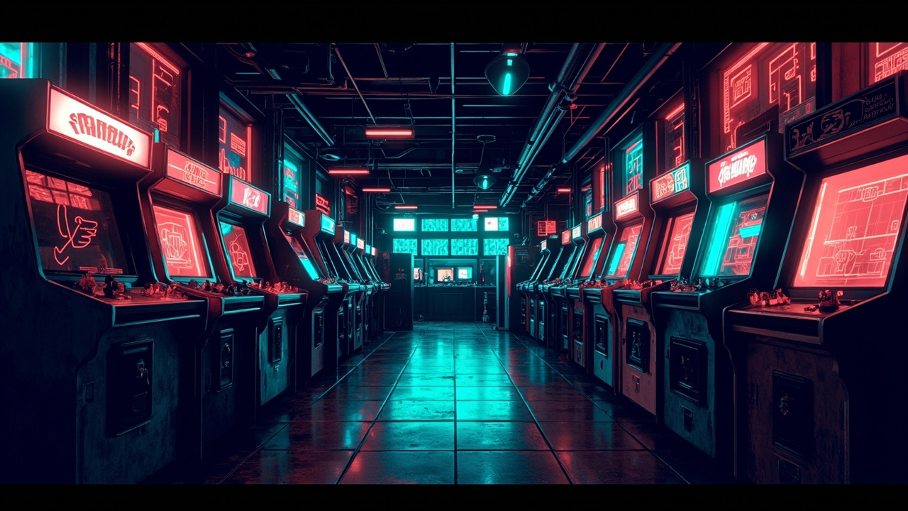 Illustration of a neon-lit retro arcade interior