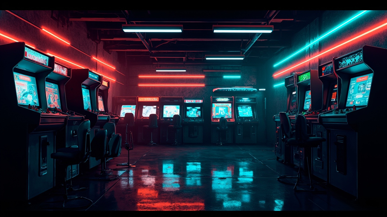 Illustration of a neon-lit retro arcade interior