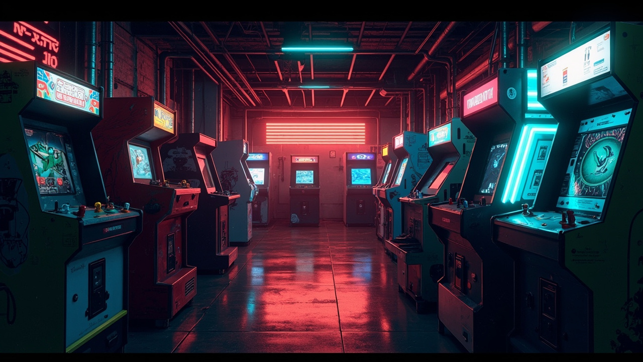 Illustration of a neon-lit retro arcade interior