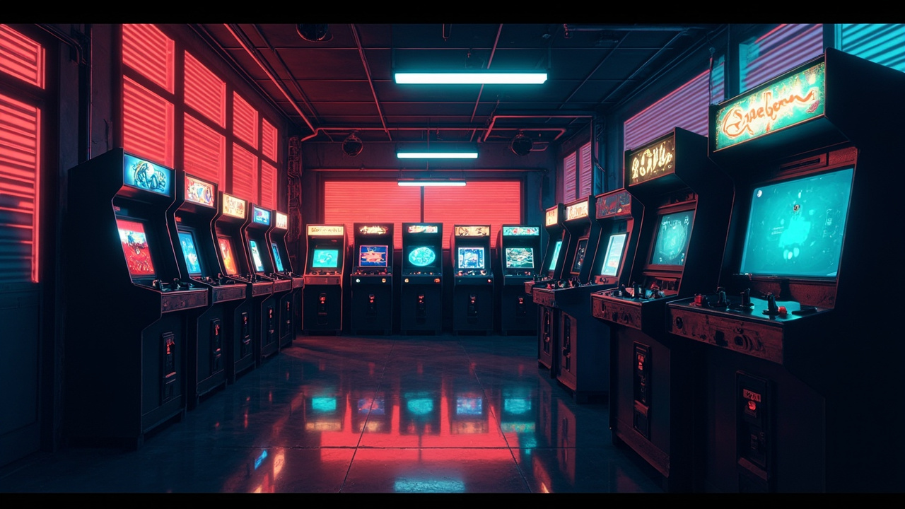 Illustration of a neon-lit retro arcade interior