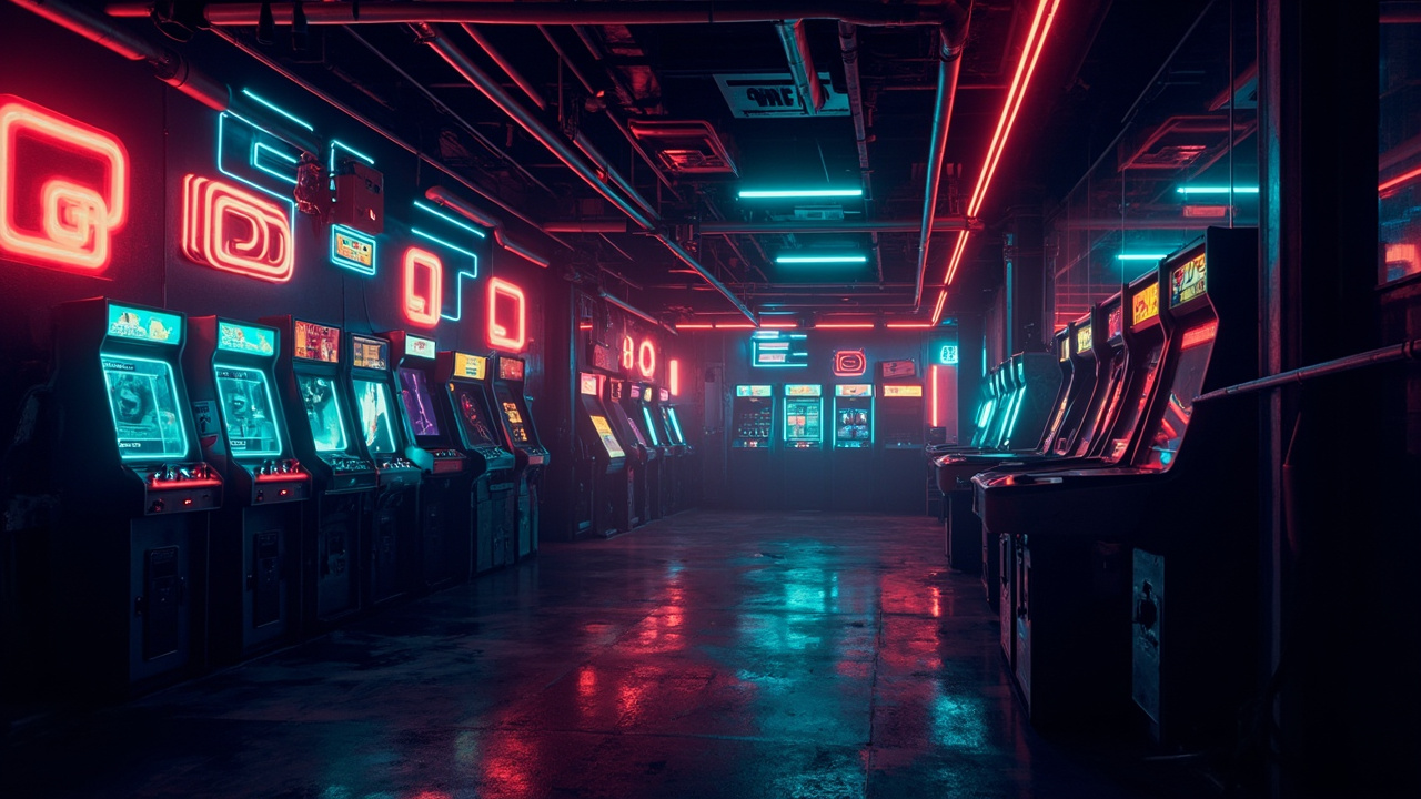 Illustration of a neon-lit retro arcade interior
