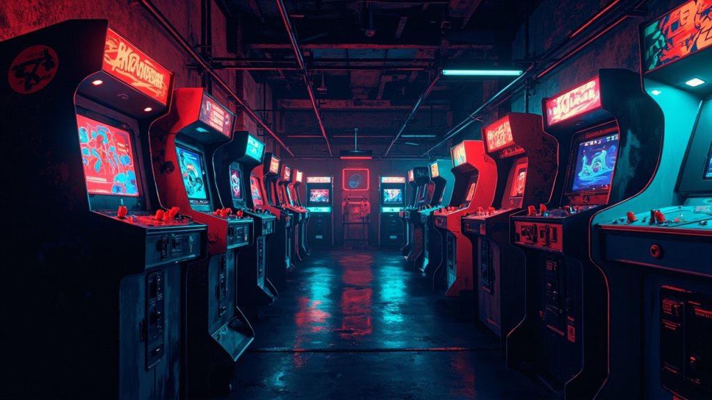 Illustration of a neon-lit retro arcade interior