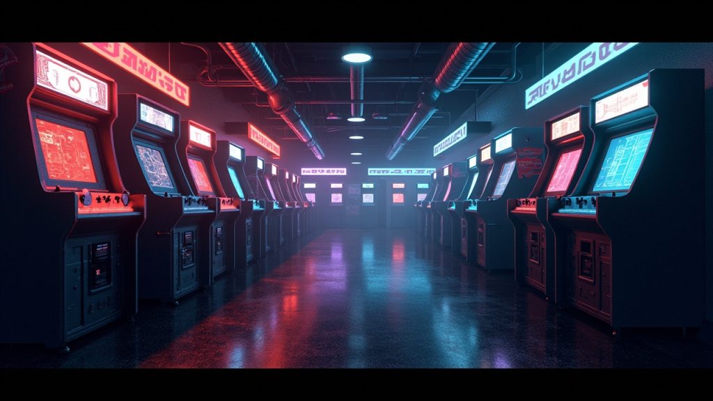 Illustration of a neon-lit retro arcade interior