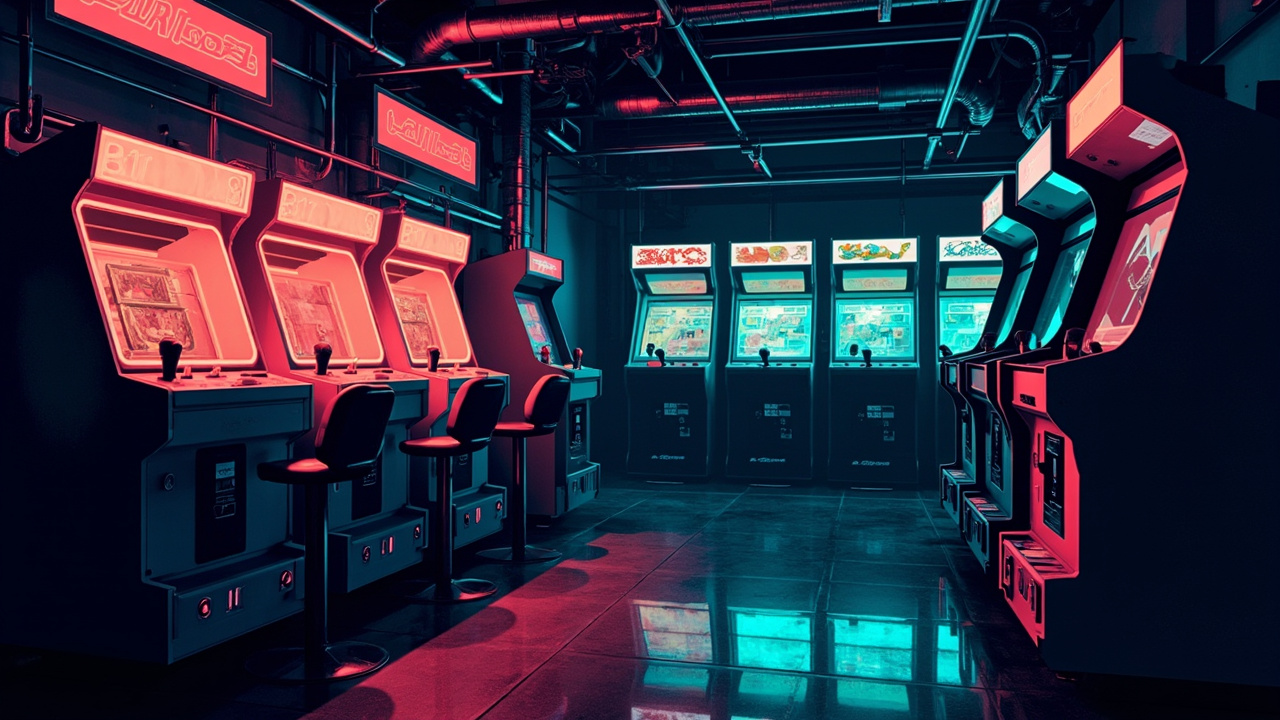 Illustration of a neon-lit retro arcade interior