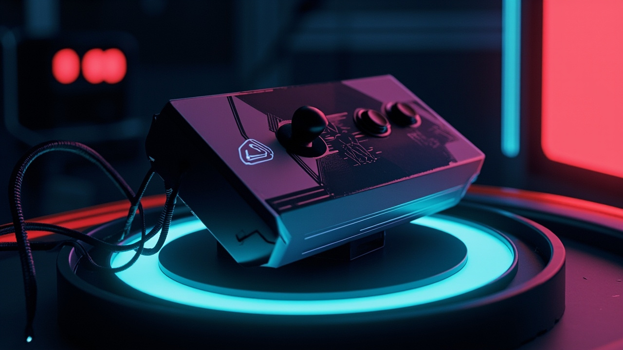 Illustration of retro gaming hardware in synthwave style