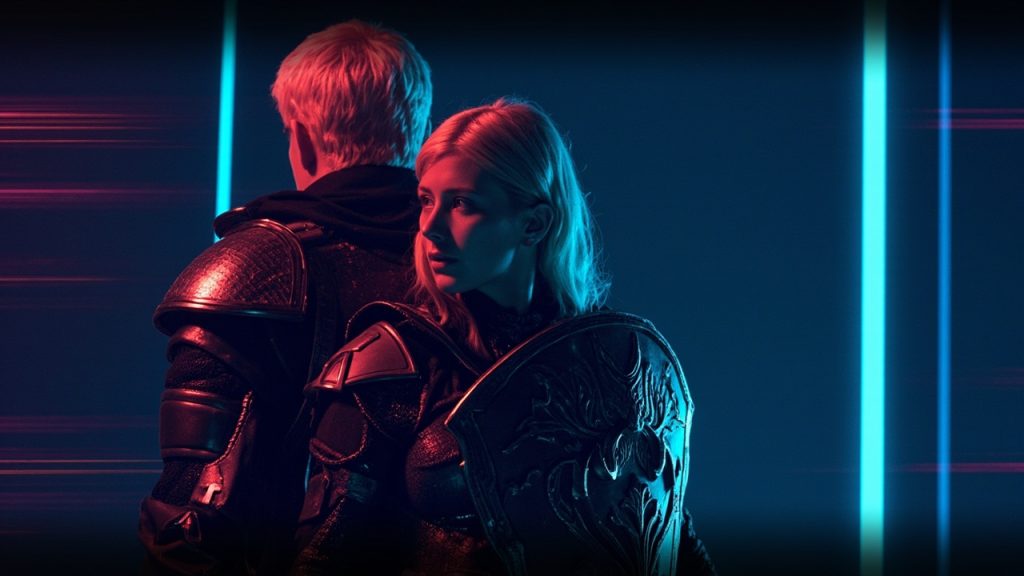 Illustration: A blonde-haired figure stands clad in ornate futuristic armor with metallic shoulder plates and a decorated shield against a dark background accented with blue and purple lighting.