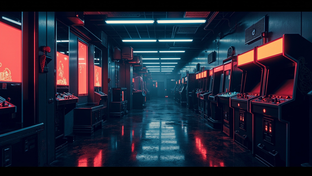 Illustration of a neon-lit retro arcade interior