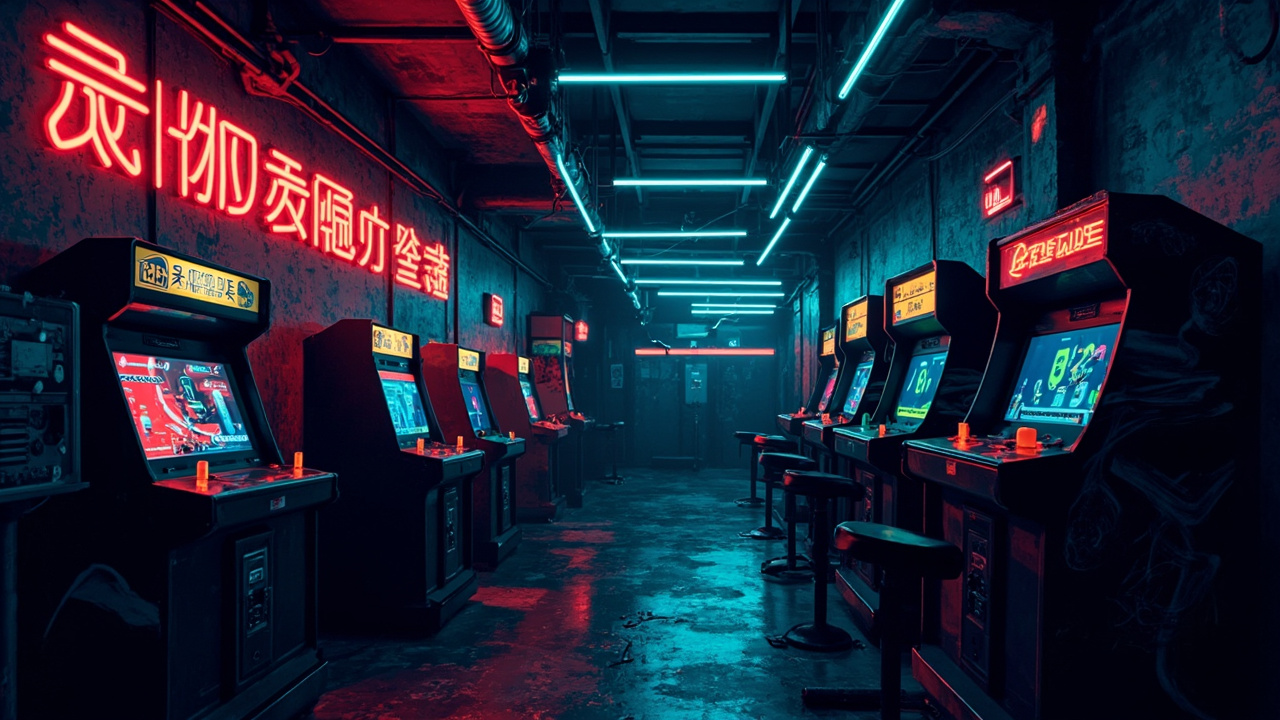 Illustration of a neon-lit retro arcade interior