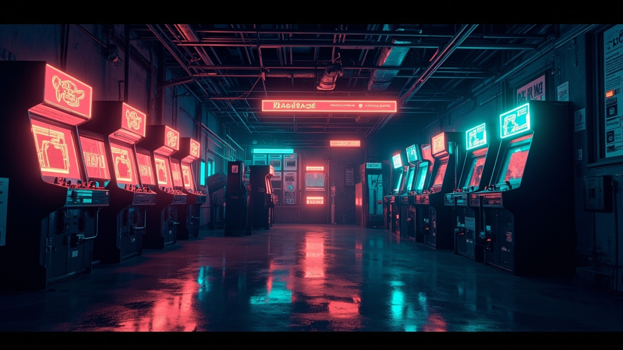 Illustration of a neon-lit retro arcade interior