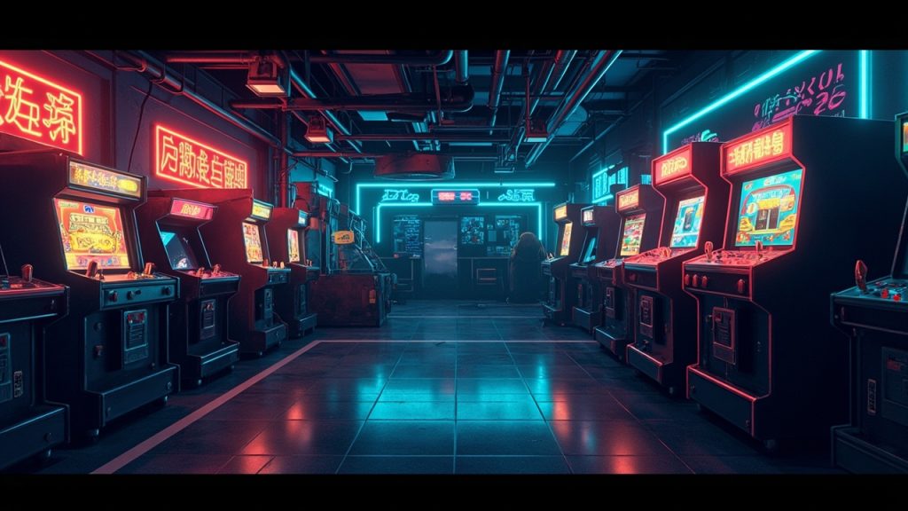 Illustration of a neon-lit retro arcade interior