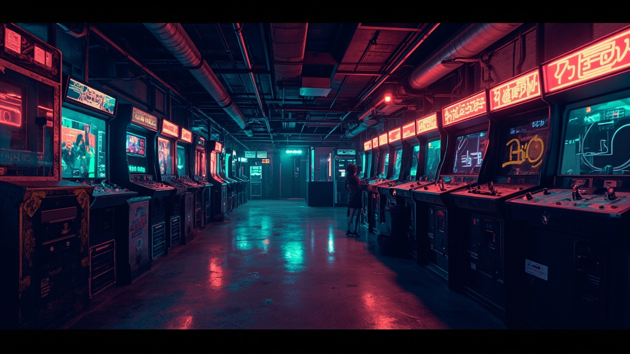 Illustration of a neon-lit retro arcade interior