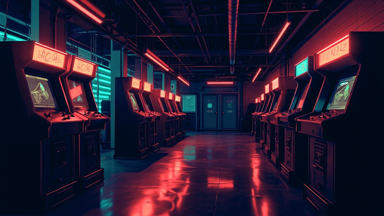 Illustration of a neon-lit retro arcade interior