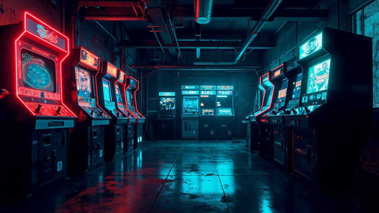 Illustration of a neon-lit retro arcade interior