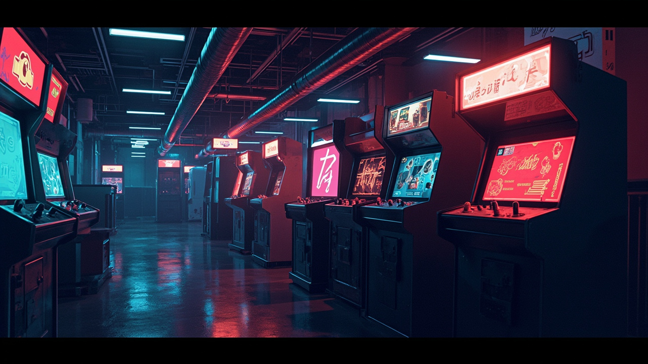 Illustration of a neon-lit retro arcade interior