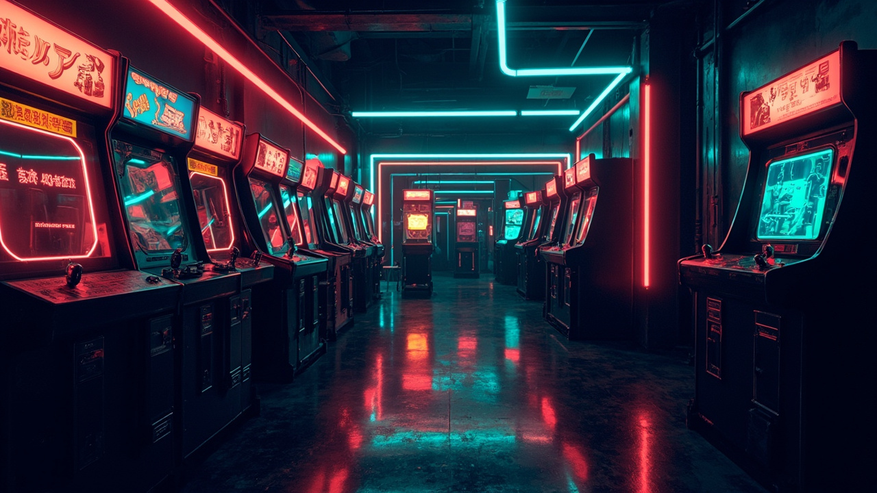 Illustration of a neon-lit retro arcade interior