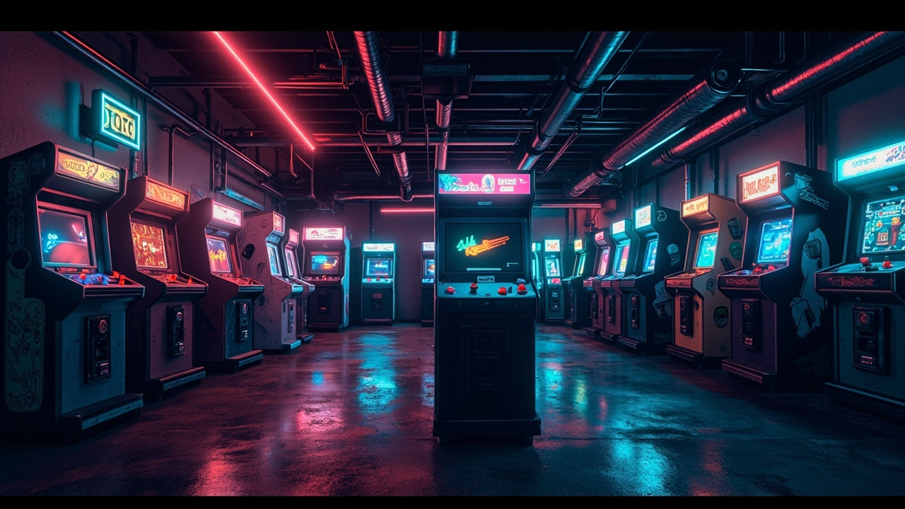 Illustration of a neon-lit retro arcade interior