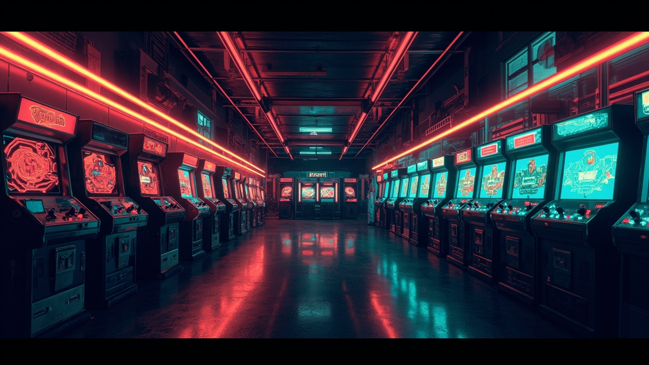 Illustration of a neon-lit retro arcade interior