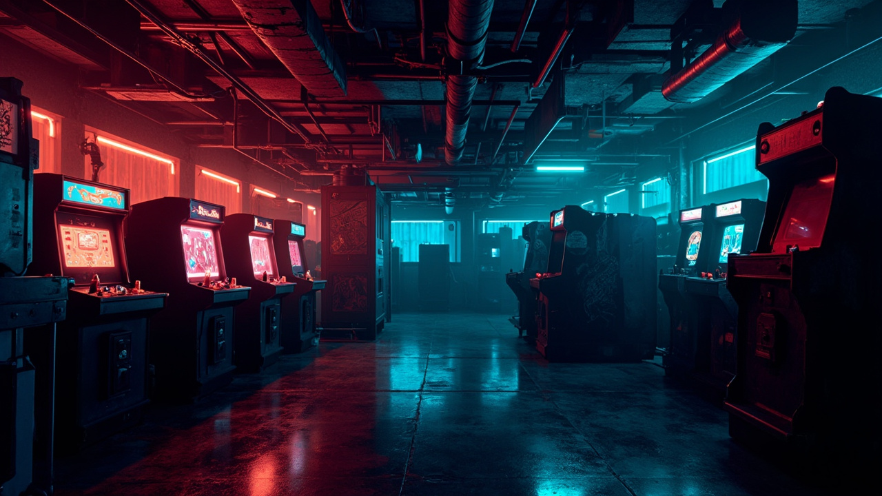 Illustration of a neon-lit retro arcade interior
