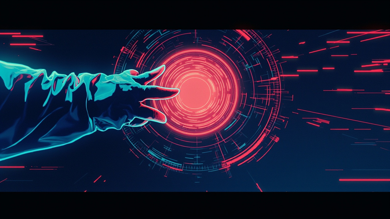 Illustration: A glowing, circular holographic interface projecting multiple concentric rings and geometric lines hovers in front of a blue-sleeved arm.
