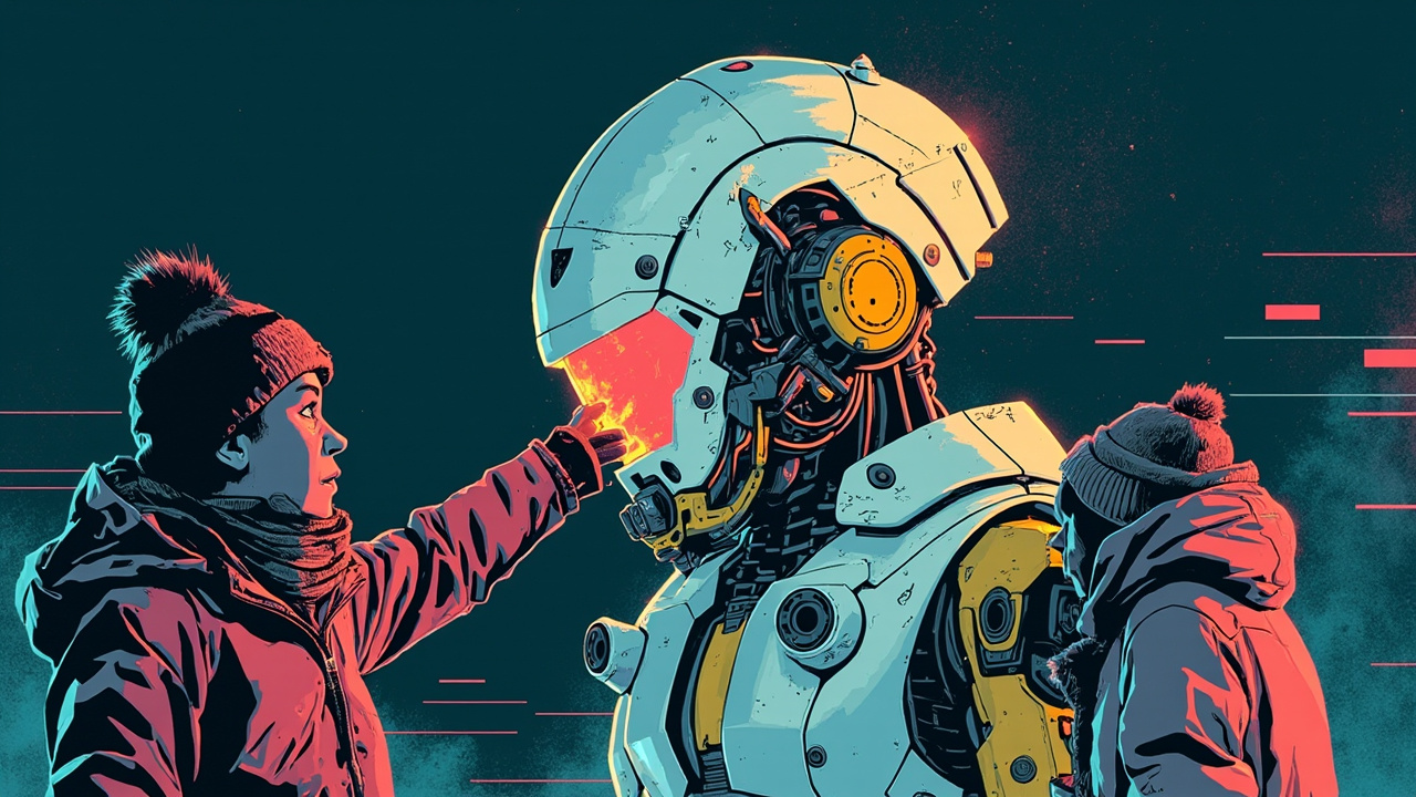 Illustration: A white and yellow mechanical robot with a cracked helmet is flanked by figures in winter clothing, with one person reaching out a gloved hand toward the machine's head.