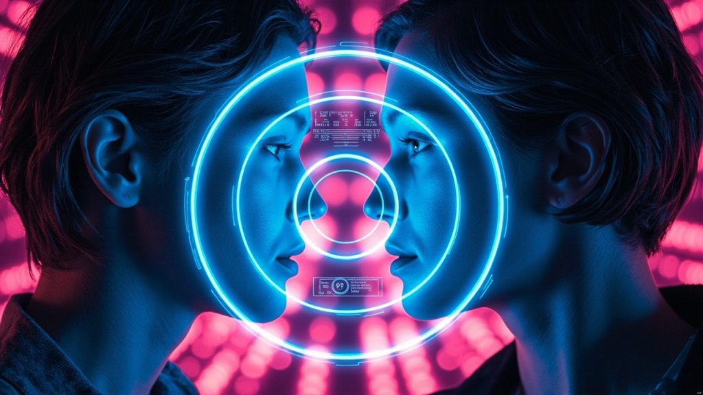 Illustration: A glowing blue circular holographic interface with concentric rings and digital readouts projects light between two faces against a brightly lit background.