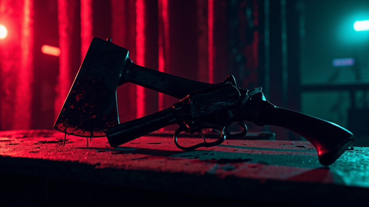 Illustration: A dimly lit scene bathed in red and blue-green light shows a blood-spattered axe head and a pistol resting against a wooden surface, set against a backdrop of red curtains and glowing lens flares.