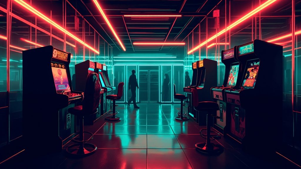 Illustration of a neon-lit retro arcade interior